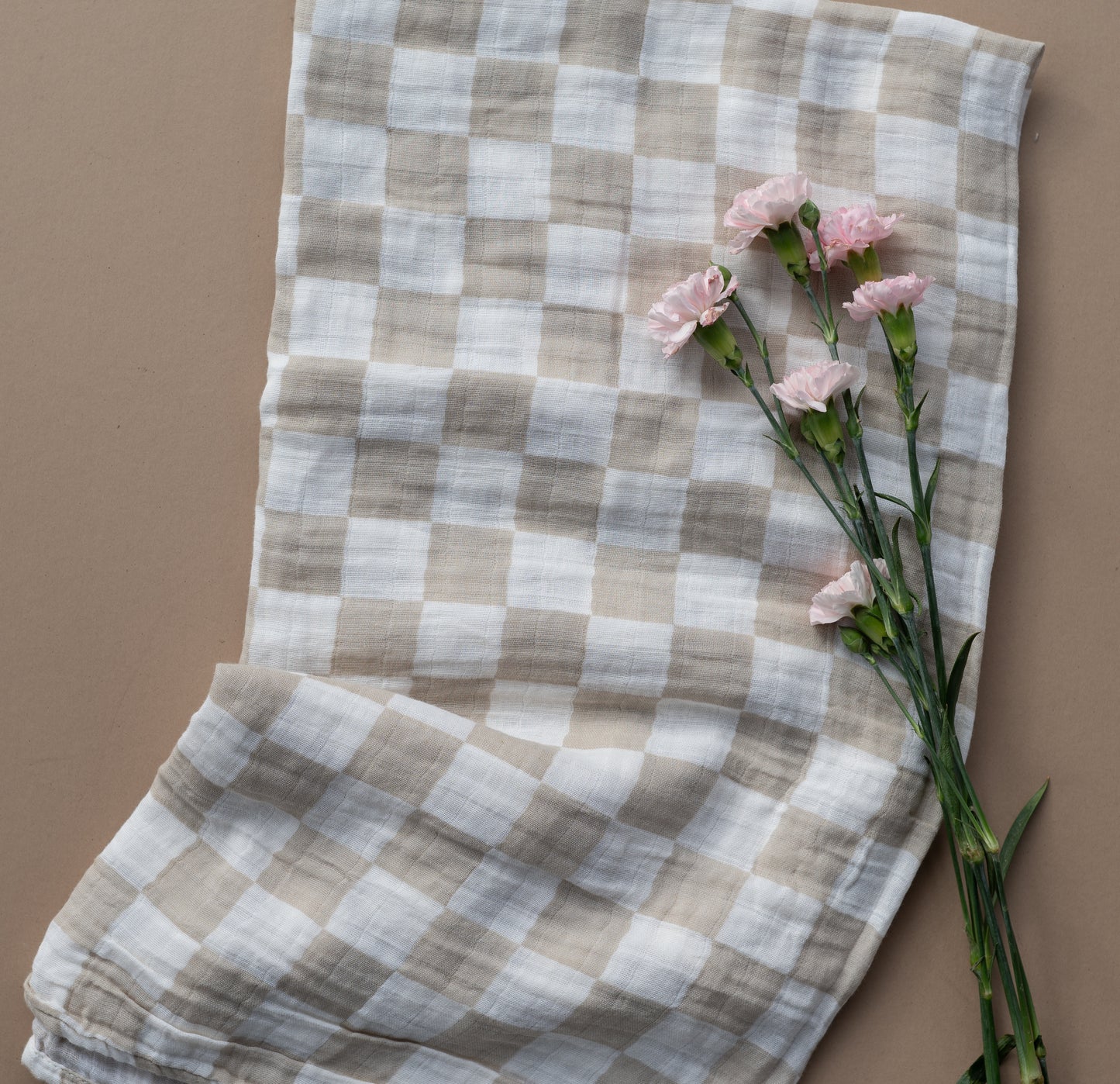 Tan Checkered Muslin Swaddle Blanket